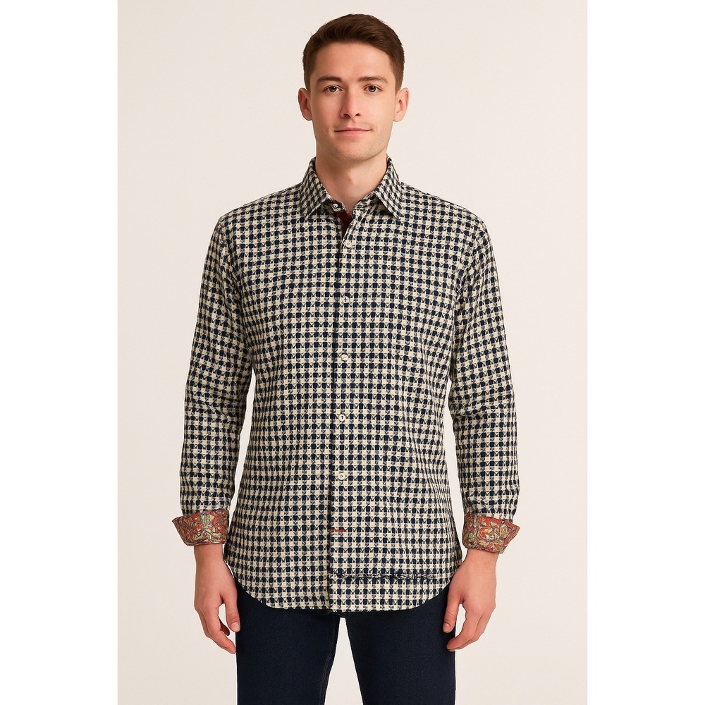 Robert Graham Houndstooth Blue/Cream Large Shirt Colorful Cuffs Long Sleeves
